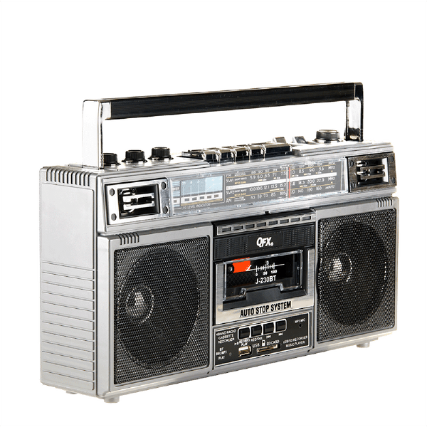 QFX - RECHARGEABLE CASSETTE AM/FM/SW1-2 RADIO BLUETOOTH BOOMBOX WITH USB RECORDING - Silver