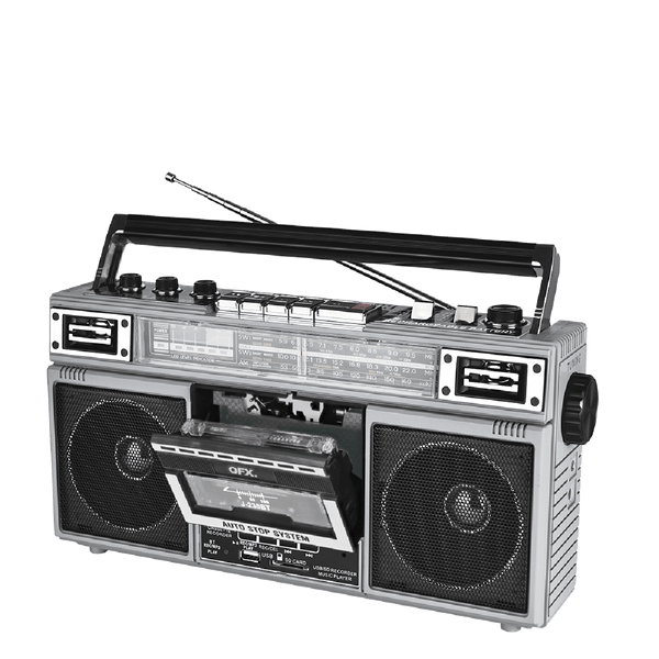 QFX - RECHARGEABLE CASSETTE AM/FM/SW1-2 RADIO BLUETOOTH BOOMBOX WITH USB RECORDING - Silver