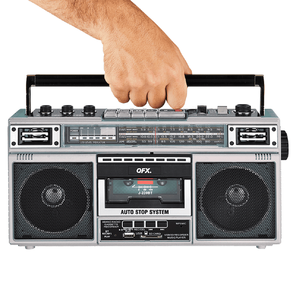 QFX - RECHARGEABLE CASSETTE AM/FM/SW1-2 RADIO BLUETOOTH BOOMBOX WITH USB RECORDING - Silver