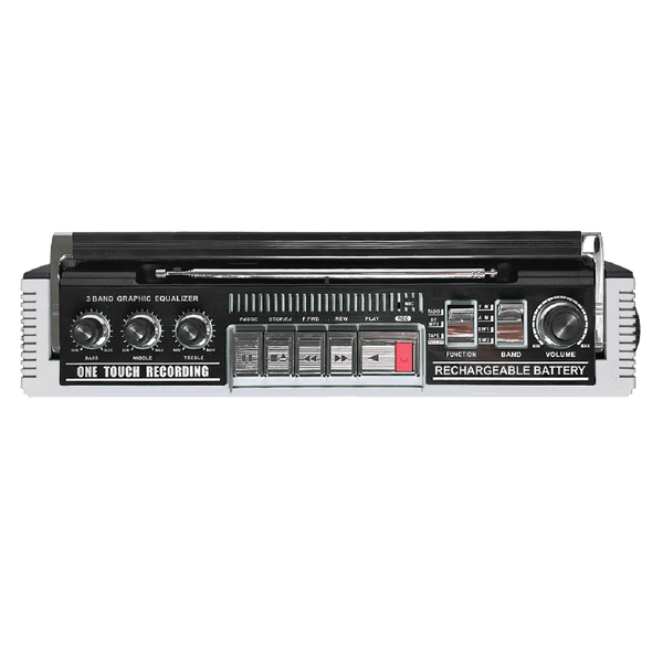 QFX - RECHARGEABLE CASSETTE AM/FM/SW1-2 RADIO BLUETOOTH BOOMBOX WITH USB RECORDING - Silver