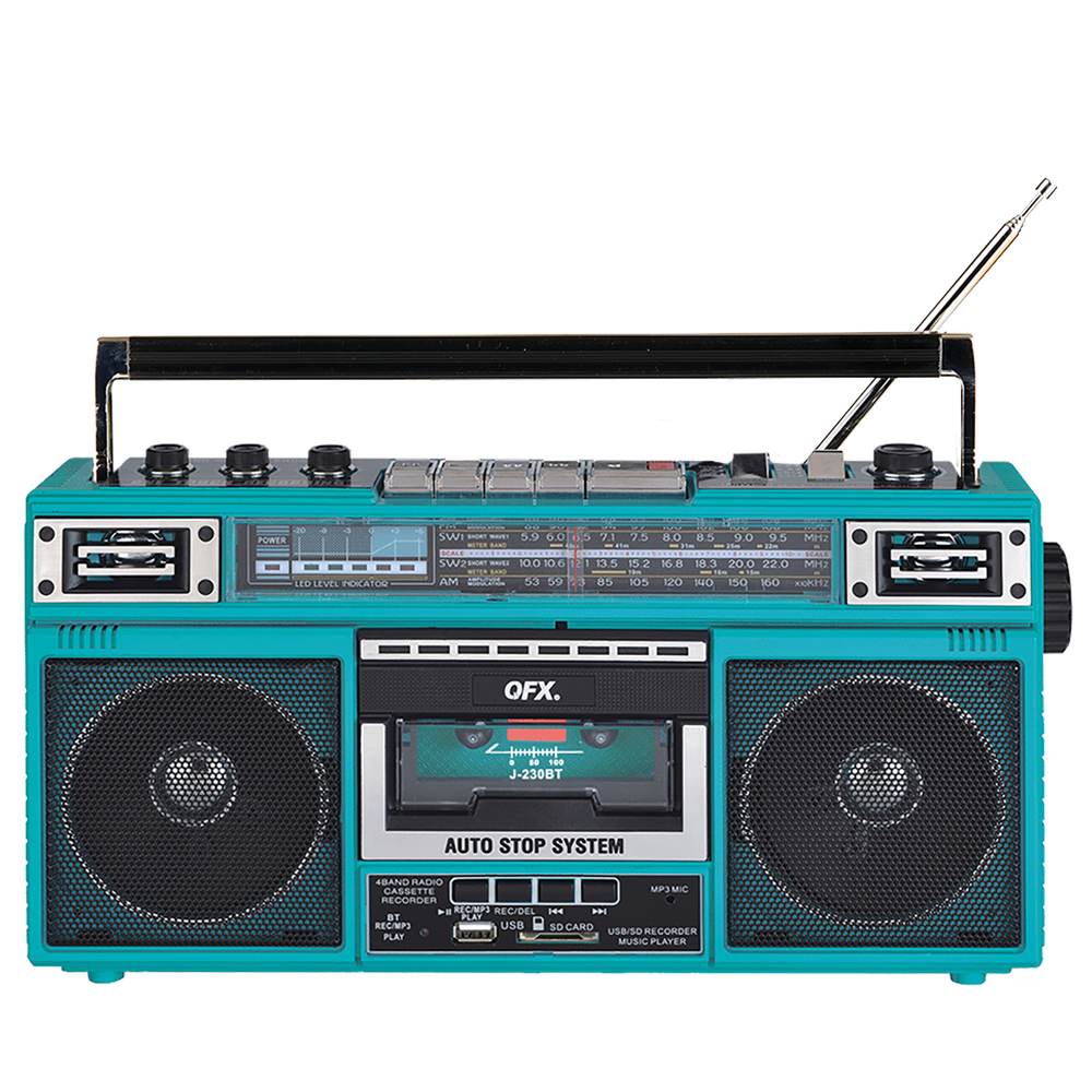 QFX - RECHARGEABLE CASSETTE AM/FM/SW1-2 RADIO BLUETOOTH BOOMBOX WITH USB RECORDING - Turquoise