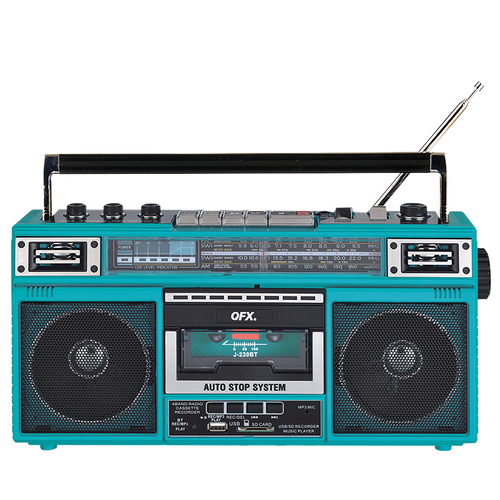 QFX - RECHARGEABLE CASSETTE AM/FM/SW1-2 RADIO BLUETOOTH BOOMBOX WITH USB RECORDING - Turquoise