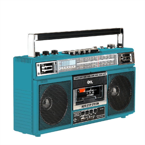 QFX - RECHARGEABLE CASSETTE AM/FM/SW1-2 RADIO BLUETOOTH BOOMBOX WITH USB RECORDING - Turquoise