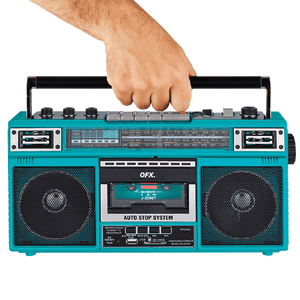 QFX - RECHARGEABLE CASSETTE AM/FM/SW1-2 RADIO BLUETOOTH BOOMBOX WITH USB RECORDING - Turquoise