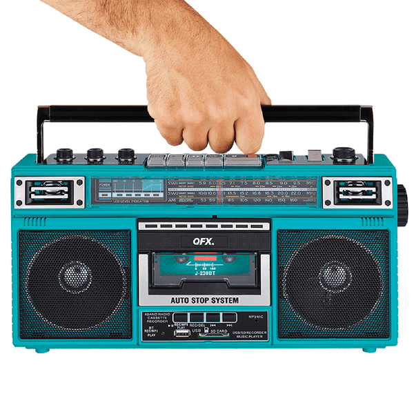 QFX - RECHARGEABLE CASSETTE AM/FM/SW1-2 RADIO BLUETOOTH BOOMBOX WITH USB RECORDING - Turquoise