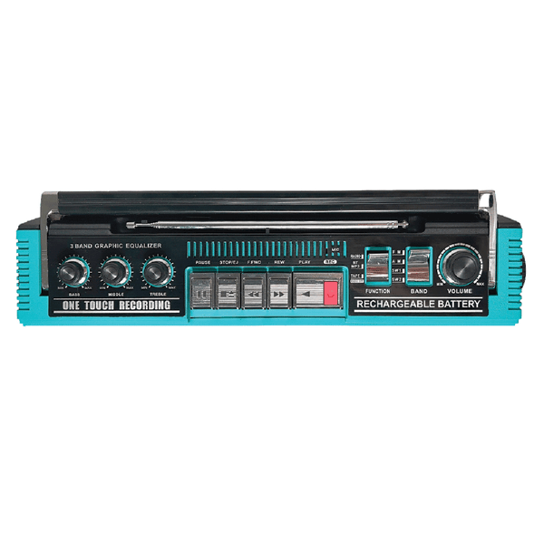 QFX - RECHARGEABLE CASSETTE AM/FM/SW1-2 RADIO BLUETOOTH BOOMBOX WITH USB RECORDING - Turquoise