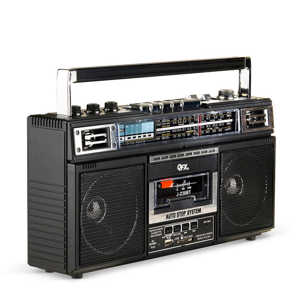 QFX - Rechargeable Cassette AM/FM/SW1-2 Radio Bluetooth Boombox with USB Recording - Black
