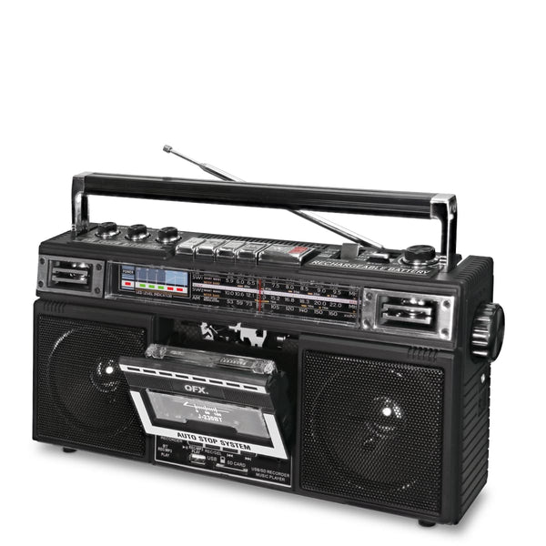 QFX - Rechargeable Cassette AM/FM/SW1-2 Radio Bluetooth Boombox with USB Recording - Black