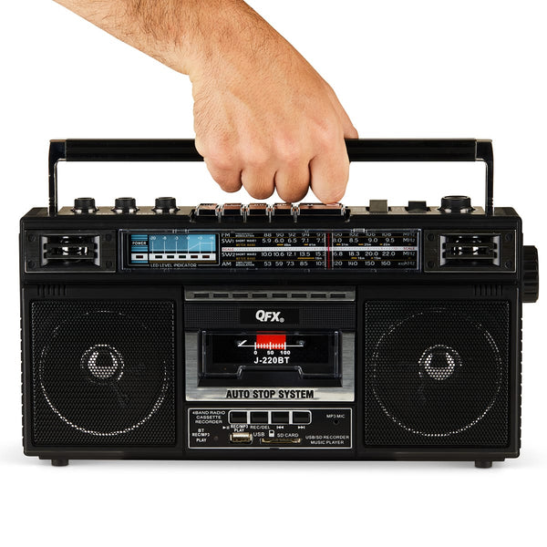 QFX - Rechargeable Cassette AM/FM/SW1-2 Radio Bluetooth Boombox with USB Recording - Black