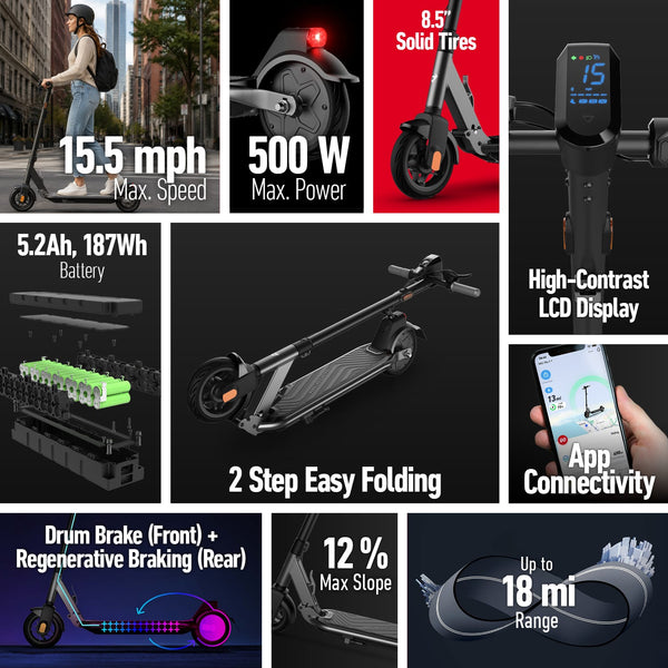 NIU - KQi1 Pro Foldable Electric Kick Scooter w/ 18 mi Max Range & 15.5 mph Max Speed - Midnight Black