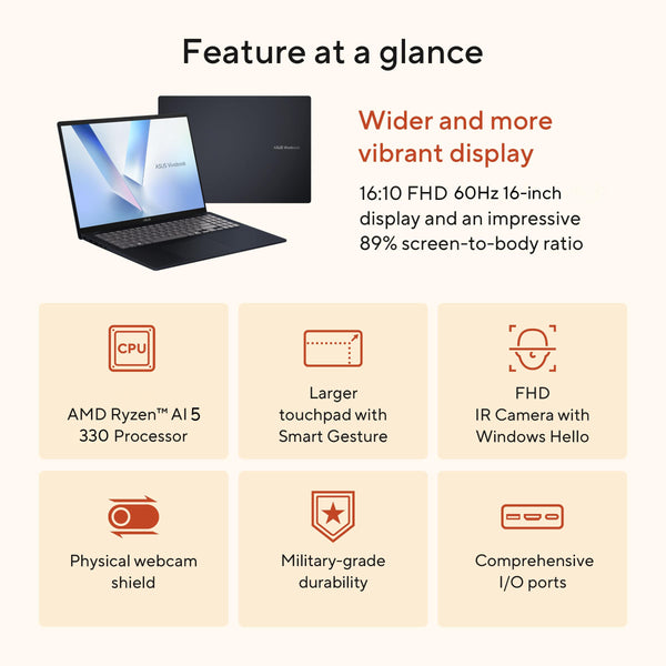 ASUS - Vivobook 16 16" 2K WUXGA Laptop - AMD Ryzen AI 5 330 - 16GB RAM - 512GB SSD - Copilot+ PC - Quiet Blue