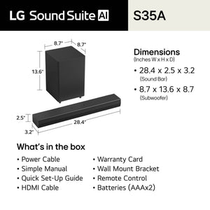 LG - 2.1-Channel S35A Soundbar with Wireless Subwoofer, Dolby Audio and WOW Orchestra - Black