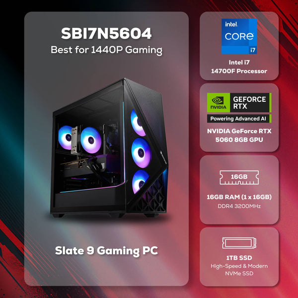 iBUYPOWER - Slate Gaming Desktop PC Intel Core i7 14700F 2024 NVIDIA RTX 5060 8GB, 16GB RAM Memory, 1TB NVMe SSD Storage - Black