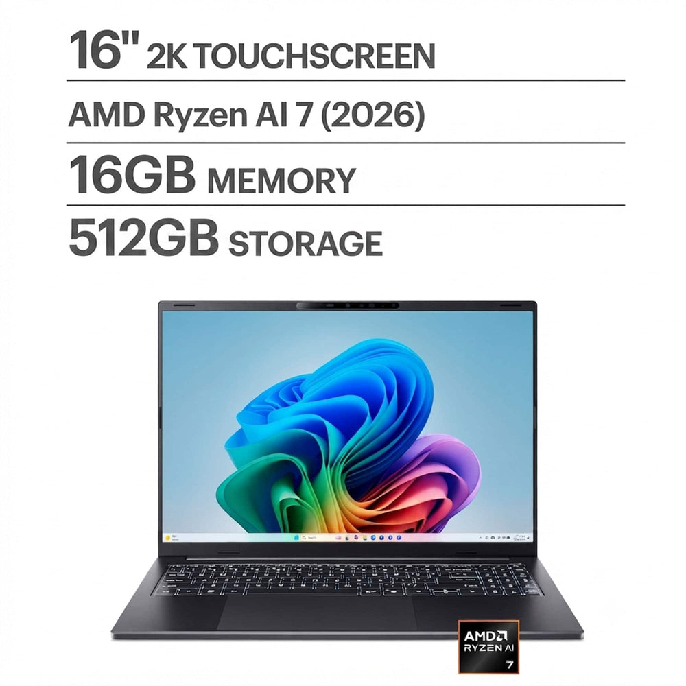 Acer - Swift Go 16 AI - Copilot+ PC - 16" Touchscreen Laptop 2K - AMD Ryzen AI 7 445 2026 - 16GB Memory – 512GB Storage - Obsidian Black