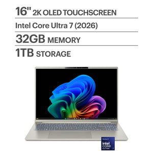 Acer - Swift Go 16 AI – Copilot+ PC – 16” 2K OLED Laptop – Intel Core Ultra 7 Series 3 2026– 32GB Memory – 1TB Storage - Vapor Silver