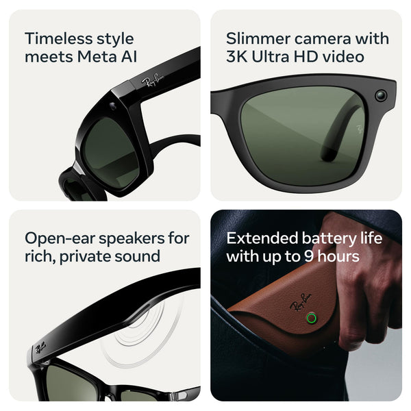 Ray-Ban Meta - (Gen 3) Wayfarer, AI Glasses with Camera - Polarized Green Lenses - Shiny Black