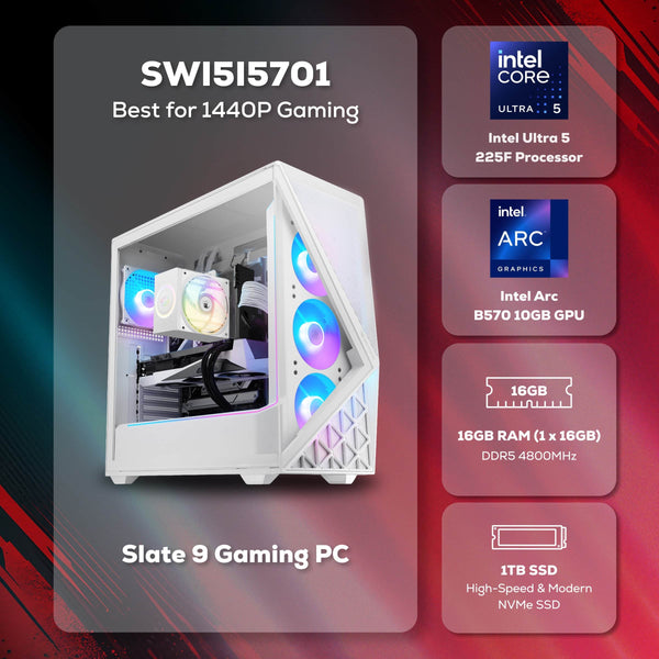 iBUYPOWER - Slate Gaming Desktop PC - Intel Core Ultra 5 225F 2025 INTEL Arc B570 10GB 16GB DDR5 1TB NVMe SSD Storage - White