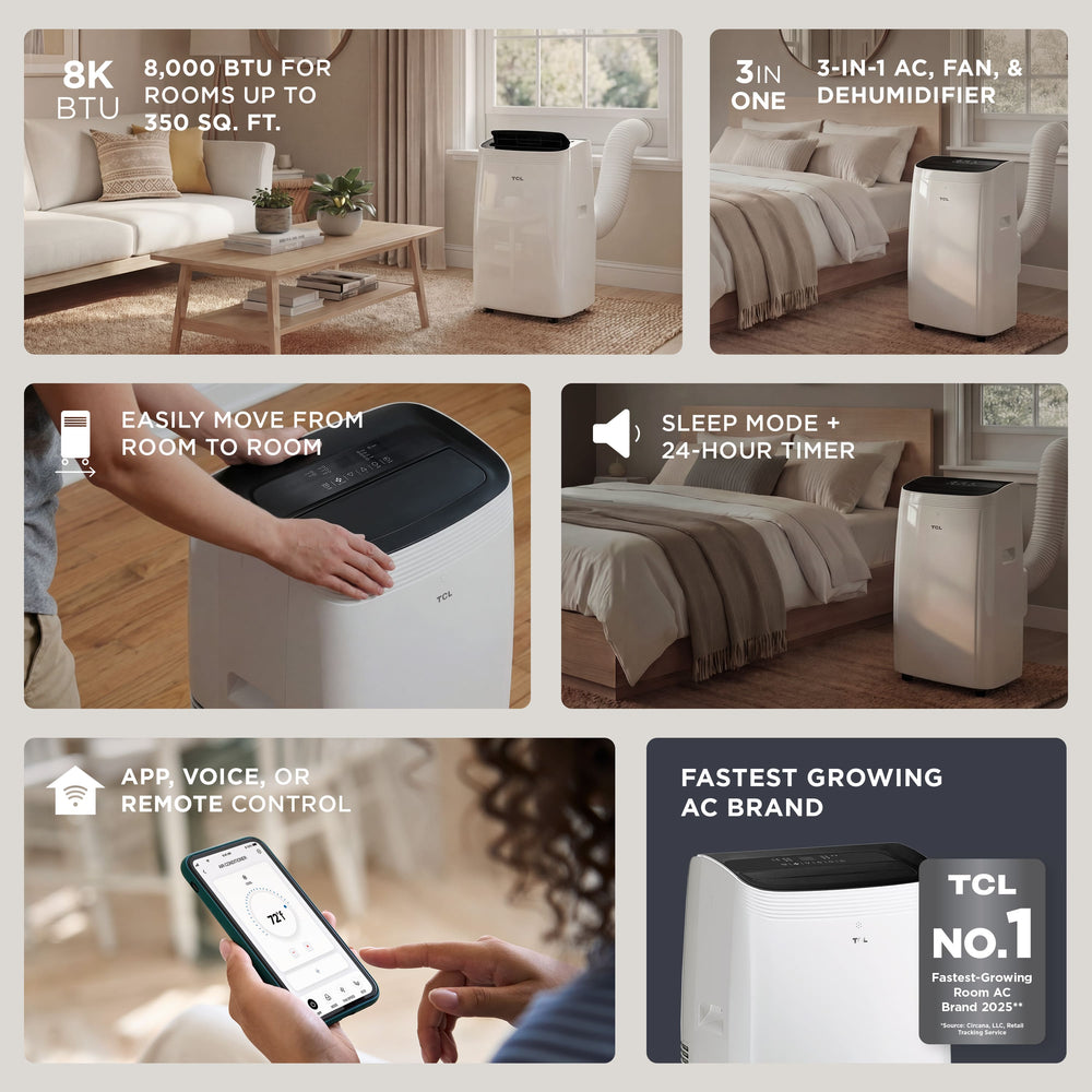 TCL - 350 Sq. Ft. 8,000 BTU Smart Portable Air Conditioner 3-in-1 with AC, Fan & Dehumidifier - White