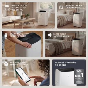 TCL - 350 Sq. Ft. 8,000 BTU Smart Portable Air Conditioner 3-in-1 with AC, Fan & Dehumidifier - White