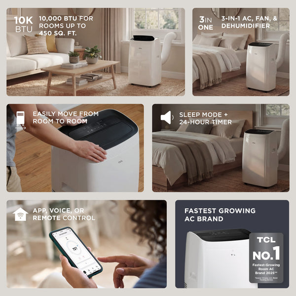 TCL - 450 Sq. Ft. 10,000 BTU Smart Portable Air Conditioner 3-in-1 with AC, Fan & Dehumidifier - White