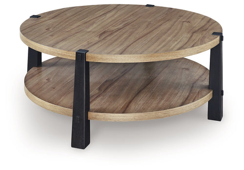 Ridgester - 2 Pc. - Round Cocktail Table & Round End Table - Light Brown / Black