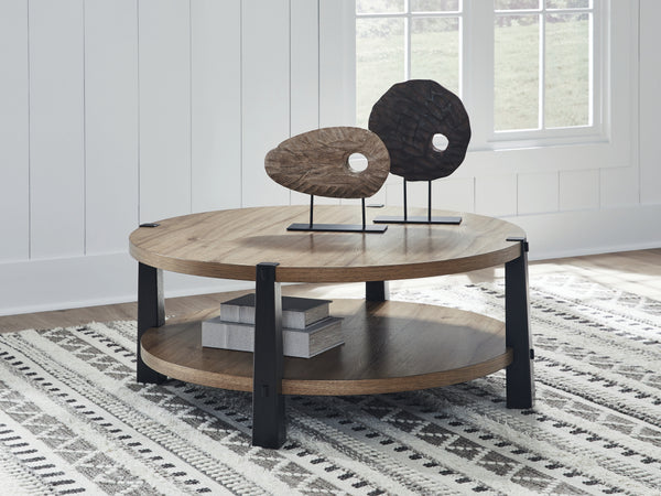 Ridgester - 2 Pc. - Round Cocktail Table & Round End Table - Light Brown / Black