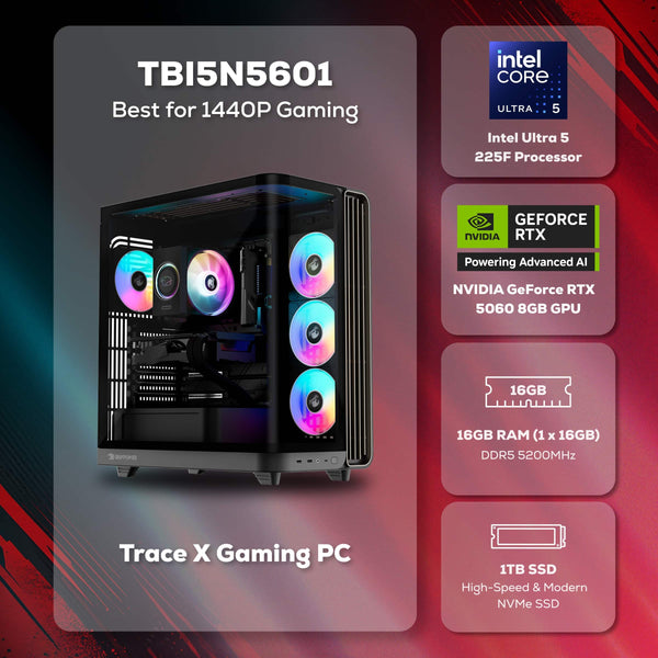 iBUYPOWER - Trace Gaming Desktop PC Intel Core Ultra 5 225F 2025 NVIDIA GeForce RTX 5060 8GB 16GB DDR5 1TB SSD Storage - Black