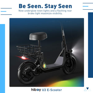HiBoy - U3 Electric Scooter with Seat, 500W Motor, Neon Lights, 25-Mile Range & 20 mph Max Speed, 14" Tires - Black