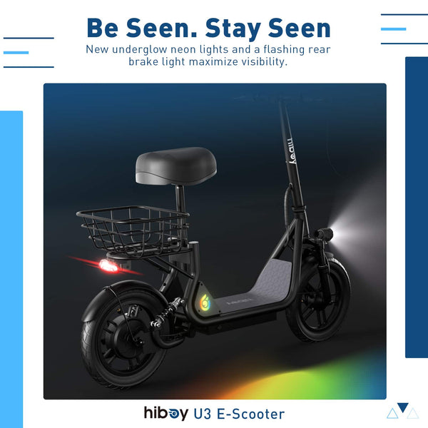 HiBoy - U3 Electric Scooter with Seat, 500W Motor, Neon Lights, 25-Mile Range & 20 mph Max Speed, 14" Tires - Black