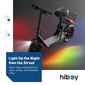 HiBoy - U3 Electric Scooter with Seat, 500W Motor, Neon Lights, 25-Mile Range & 20 mph Max Speed, 14" Tires - Black