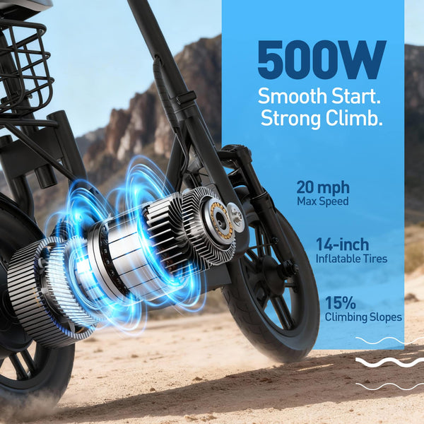 HiBoy - U3 Electric Scooter with Seat, 500W Motor, Neon Lights, 25-Mile Range & 20 mph Max Speed, 14" Tires - Black