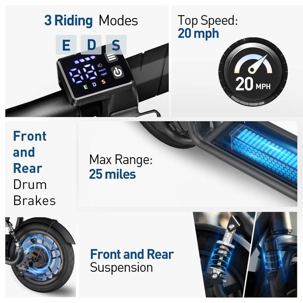 HiBoy - U3 Electric Scooter with Seat, 500W Motor, Neon Lights, 25-Mile Range & 20 mph Max Speed, 14" Tires - Black