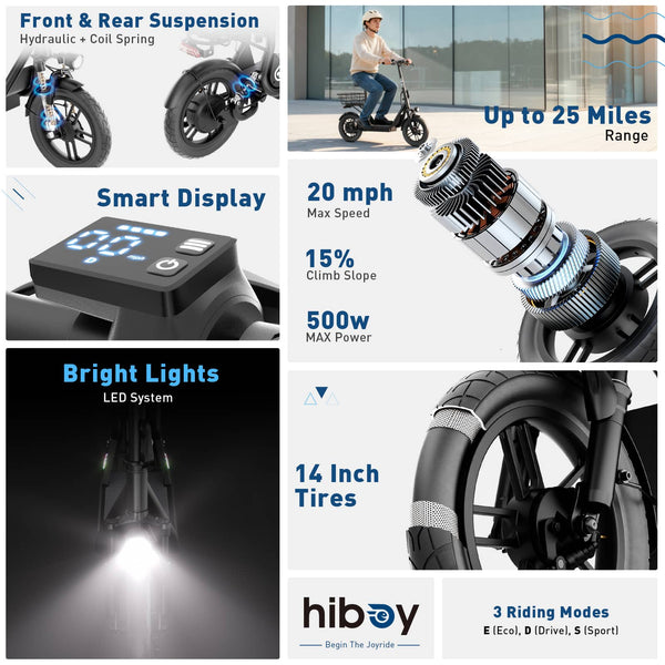 HiBoy - U3 Electric Scooter with Seat, 500W Motor, Neon Lights, 25-Mile Range & 20 mph Max Speed, 14" Tires - Black