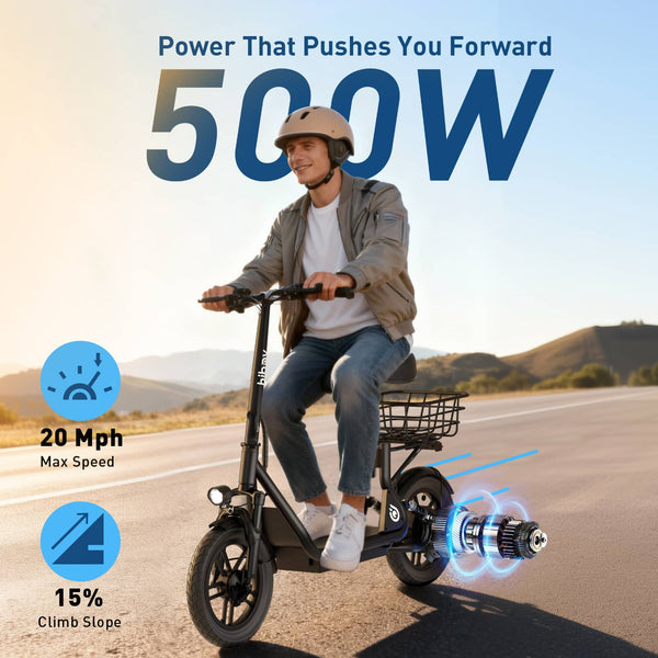 HiBoy - U3 Electric Scooter with Seat, 500W Motor, Neon Lights, 25-Mile Range & 20 mph Max Speed, 14" Tires - Black