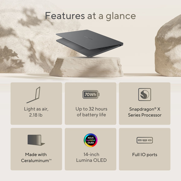 ASUS - Zenbook A14 14" FHD+ OLED Laptop - Copilot+ PC - Snapdragon X with 32GB RAM - 1TB SSD - Iceland Gray
