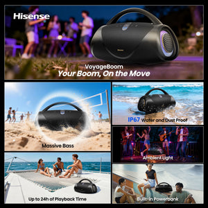 Hisense - Bluetooth Speaker VoyageBoom with rechargable battery, ambient lighting, Auracast, FM radio, IP67 - Black