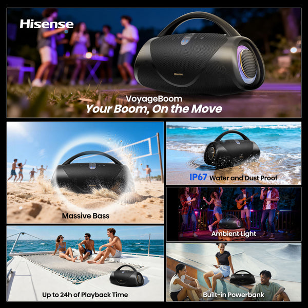 Hisense - Bluetooth Speaker VoyageBoom with rechargable battery, ambient lighting, Auracast, FM radio, IP67 - Black