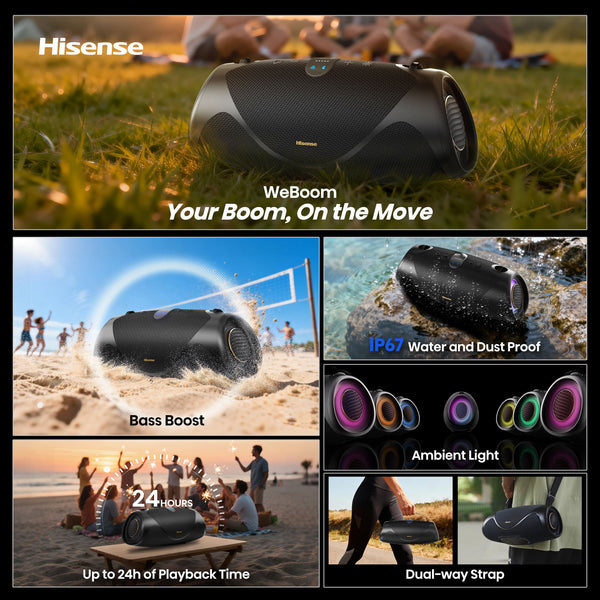 Hisense - Bluetooth Speaker WeBoom, Up to 24-Hour Playtime, Convenient Carry Strap, IP67, Auracast – - Black