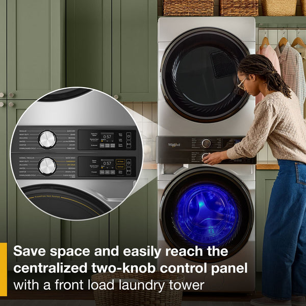 Whirlpool - Smart ENERGY STAR® Front Load Laundry Tower with UV Clean Technology & FreshFlowTM Vent System 4.5 cu. ft. Washer & 7.4 cu. ft. Gas Dryer #radiantsilver