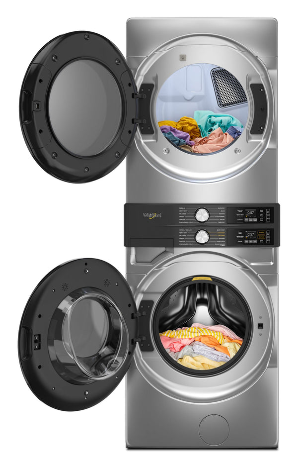 Whirlpool - Smart ENERGY STAR® Front Load Laundry Tower with UV Clean Technology & FreshFlowTM Vent System 4.5 cu. ft. Washer & 7.4 cu. ft. Gas Dryer #radiantsilver