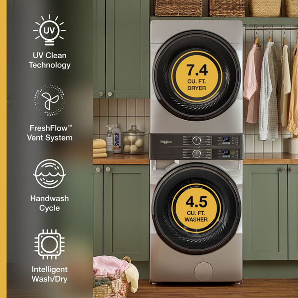 Whirlpool - Smart ENERGY STAR® Front Load Laundry Tower with UV Clean Technology & FreshFlowTM Vent System 4.5 cu. ft. Washer & 7.4 cu. ft. Gas Dryer #radiantsilver
