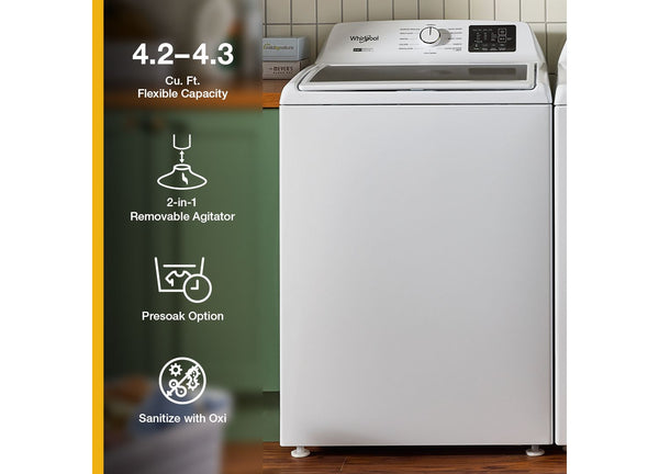 4.2–4.3 Cu. Ft. Whirlpool® Top Load Washer with 2-in-1 Removable Agitator and Soft Close Glass Lid