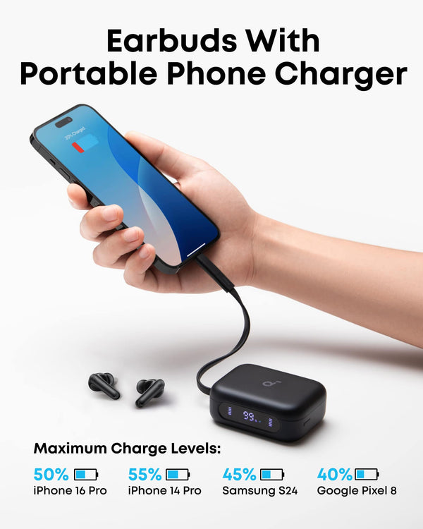 Soundcore - by Anker P41i Bluetooth Wireless In Ear Earbuds with Portable USB-C 3,000mAh Phone Charger (With Lightning Adapter) - Black