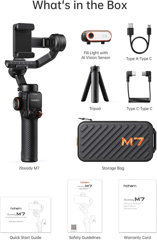 Hohem - iSteady M7 3-Axis Gimbal Stabilizer for Smartphone w/ AI Tracking, Remote Control, Extendable Pole, & Magnetic RGB Light - Black