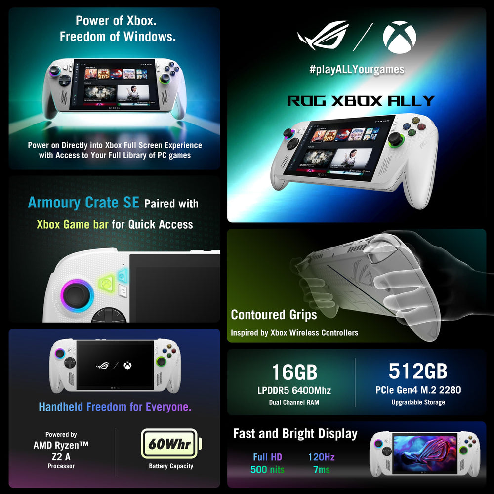 ROG Xbox Ally 7" FHD 120Hz Gaming Handheld, 3-Month Xbox Game Pass Premium, AMD Ryzen Z2 A, 16GB RAM, 512GB SSD