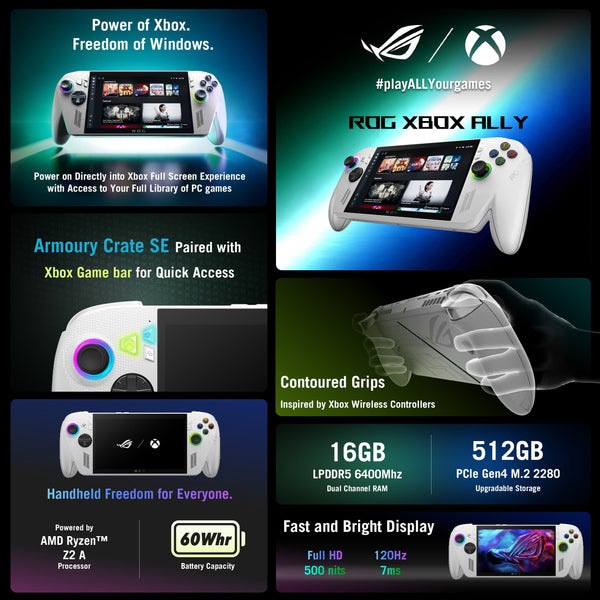 ROG Xbox Ally 7" FHD 120Hz Gaming Handheld, 3-Month Xbox Game Pass Premium, AMD Ryzen Z2 A, 16GB RAM, 512GB SSD