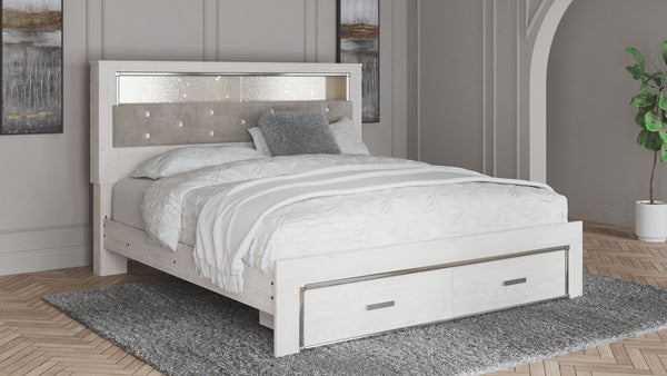 Altyra - Cama tapizada King con librero y almacenamiento - Blanco