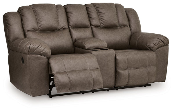 Lowilla - Sofá biplaza reclinable doble con consola - Driftwood
