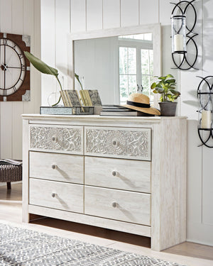 Paxberry - Dresser, Mirror - Medallion Drawer Pulls - Whitewash