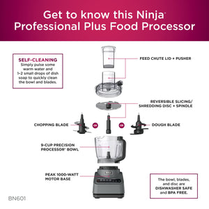 Ninja - Professional Plus Food Processor, 1000 Peak Watts, 9-Cup Capacity, 4 Auto-iQ Preset Programs - Cloud Silver